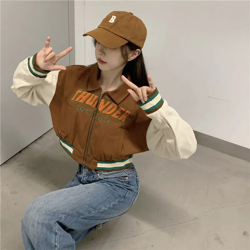 MEXZT Streetwear Frauen Retro Brief Crop Baseball Mäntel Herbst Harajuku drehen-unten Kragen BF Jacken Casual Koreanische Outwear Y2k tops