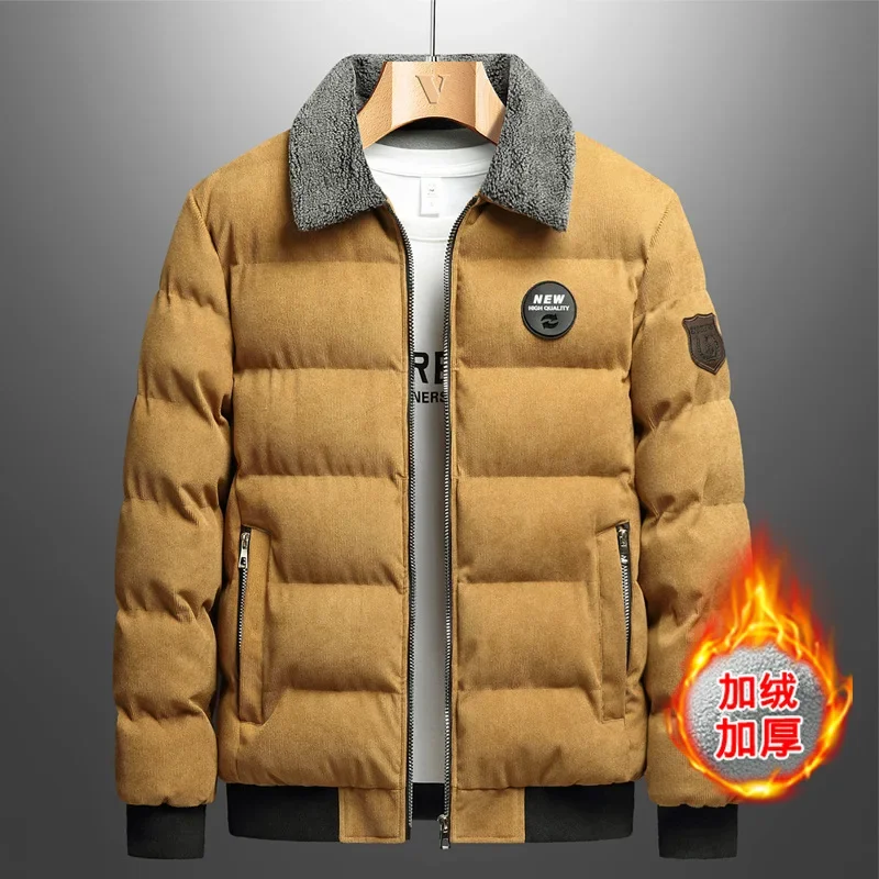 Winter Fleece Thick Lapel Corduroy Jacket Men Warm Parka Brand Windproof Long Sleeve Zipper Outerwear Men Clothing