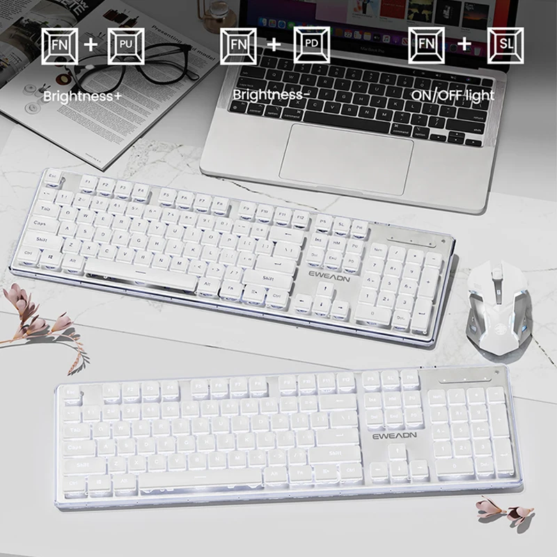 EWEADN V3 Conjunto de teclado e mouse silencioso sem fio com sensação mecânica, 104 teclas em tamanho real com teclas Pudding, para jogos e escritório