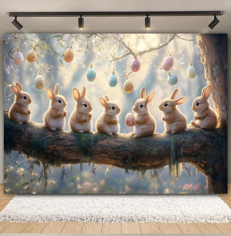 Spring Easter Backdrop Forest Bunny Egg Rabbit Flower Easter Day Kids Birthday Baby Shower Photography Background Photo Studio