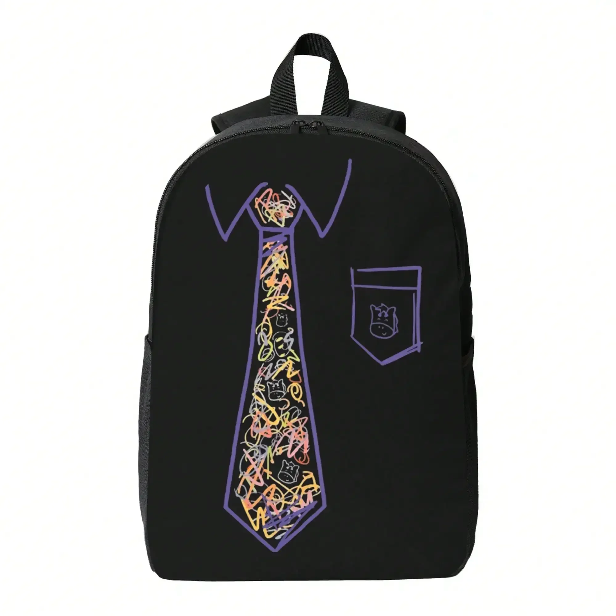 Quirky Hand-Drawn Faux Tie Graphic Backpack Novelty Preppy School Bag Y2K Casual Daypack Black