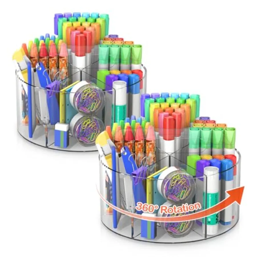 

Акриловый держатель для ручек, 2 шт., вращающийся на 360° органайзер с 6 отделениями, настольное хранилище для офиса, вмещает 800 ручек, маркеров, мелков и художественных принадлежностей
