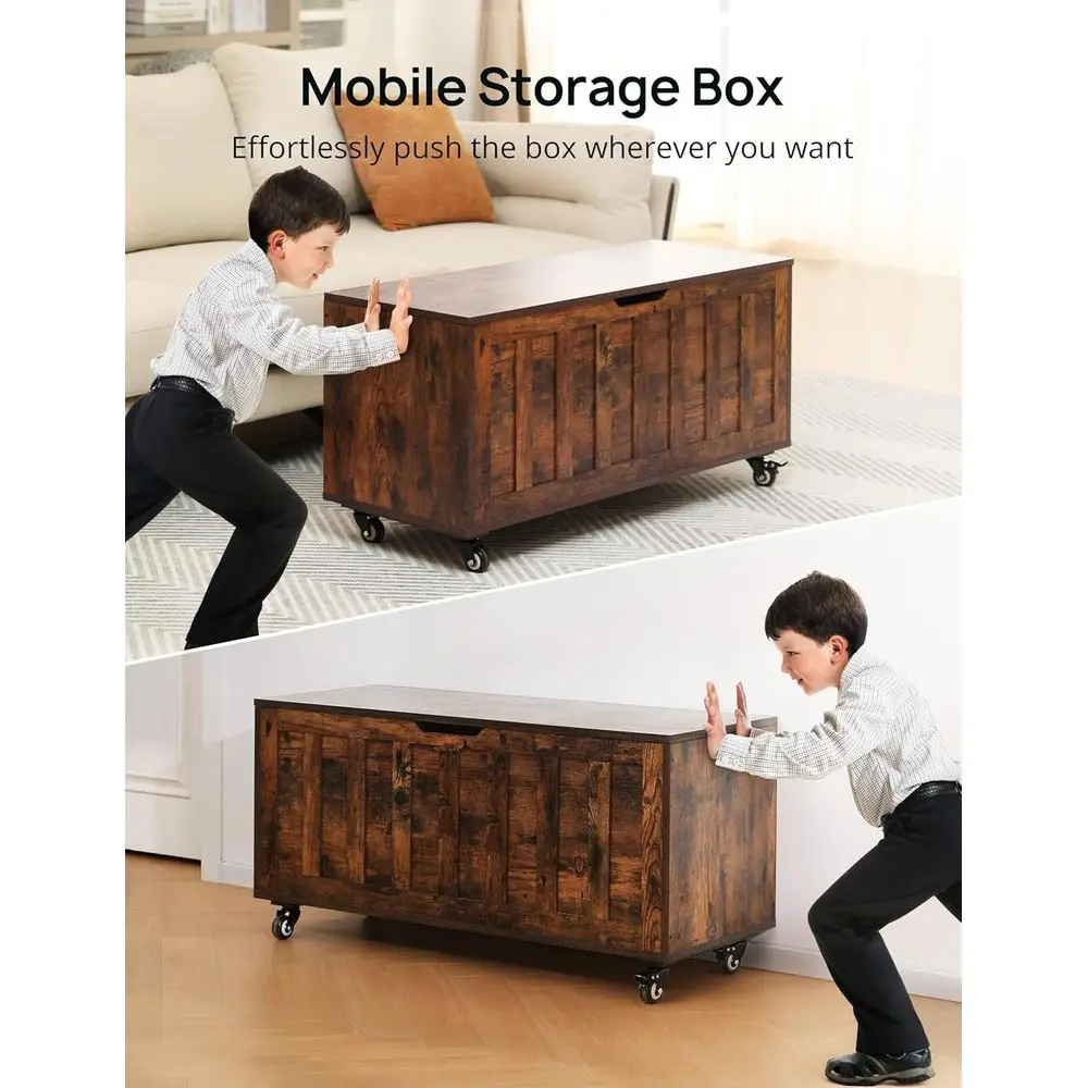 Rustic Brown Wooden Storage Bench, 39.4 with 4 Wheels & 2 Hinges, Supports 300 lbs, for Home Décor