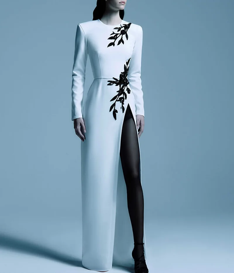 

Тяжелые женские белые платья из бисера, модные платья с круглым вырезом и длинными рукавами с разрезом