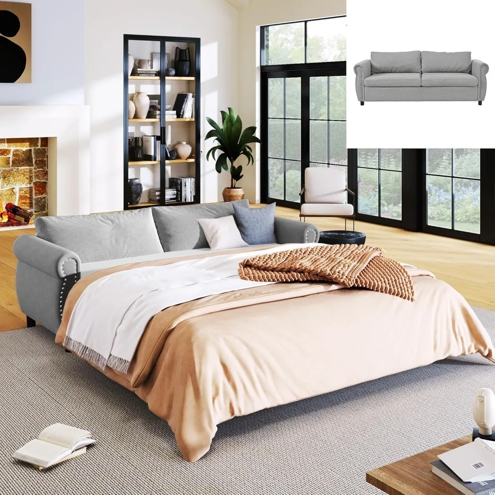 Queen Pull Out Sofa Couch，Convertible Sleeper Sofa Bed with Memory Foam Mattress and Wood Bed Frame, Pull Out Couch Bed