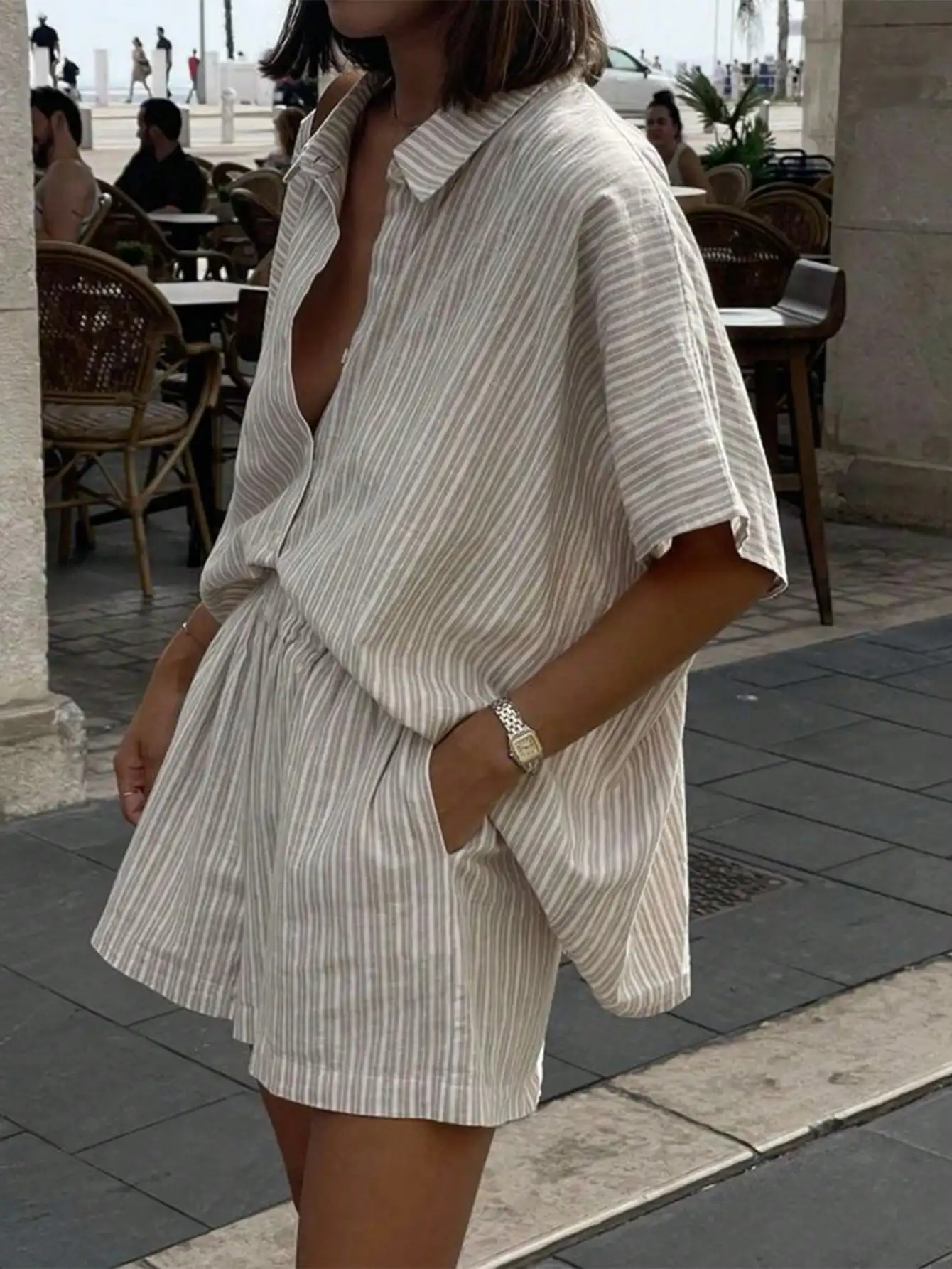 

Women's Loose Linen-Like Striped 2-Piece Set: Lapel Shirt & Elastic Waist Shorts