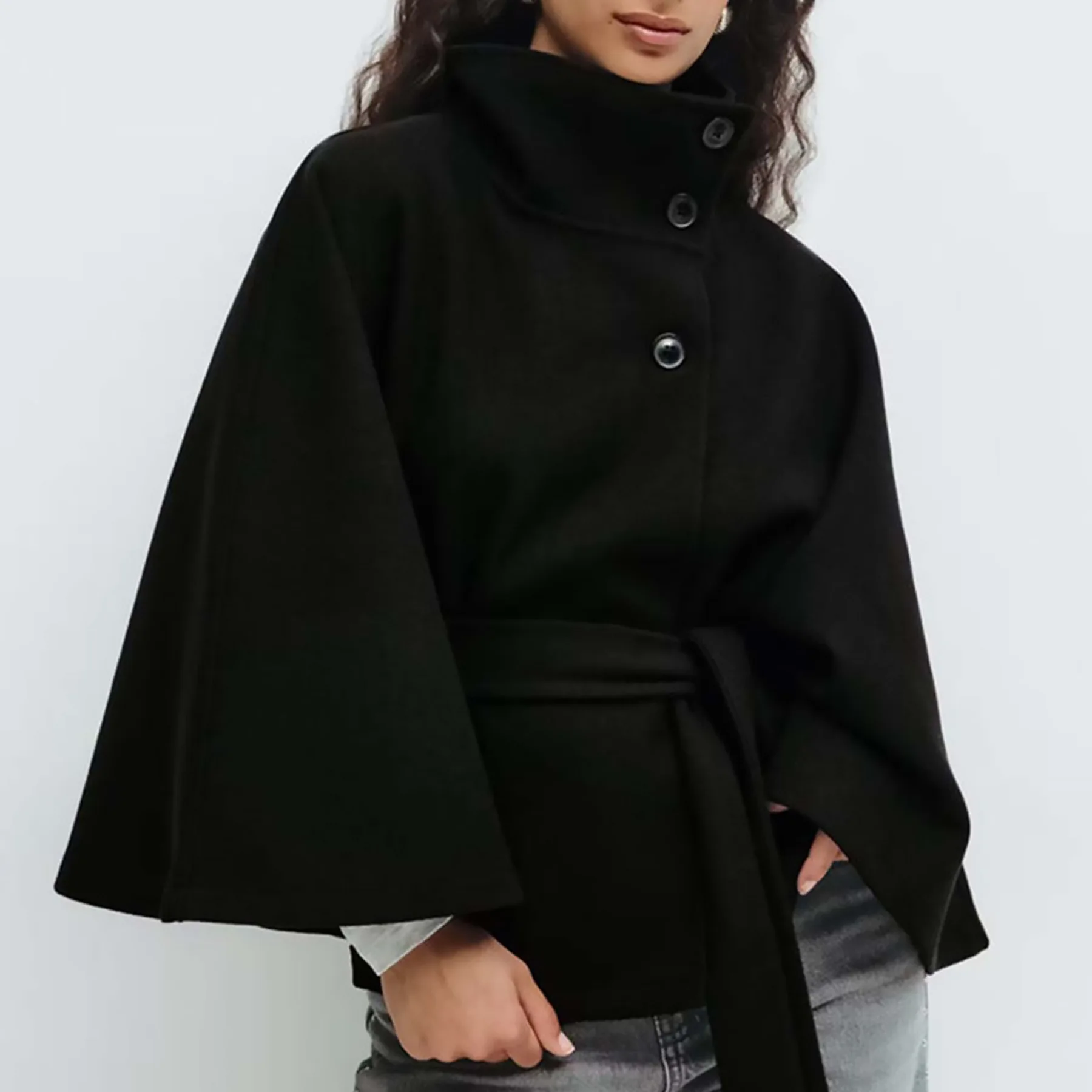 Women's Stand Collar Cape Coat Tie Waist Asymmetrical Button Wrap Poncho Jacket Autumn Winter Elegant Outwear