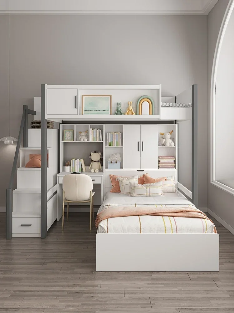 staggered mother and child beds, small apartment, double-decker wardrobe with desk, upper and lower beds.