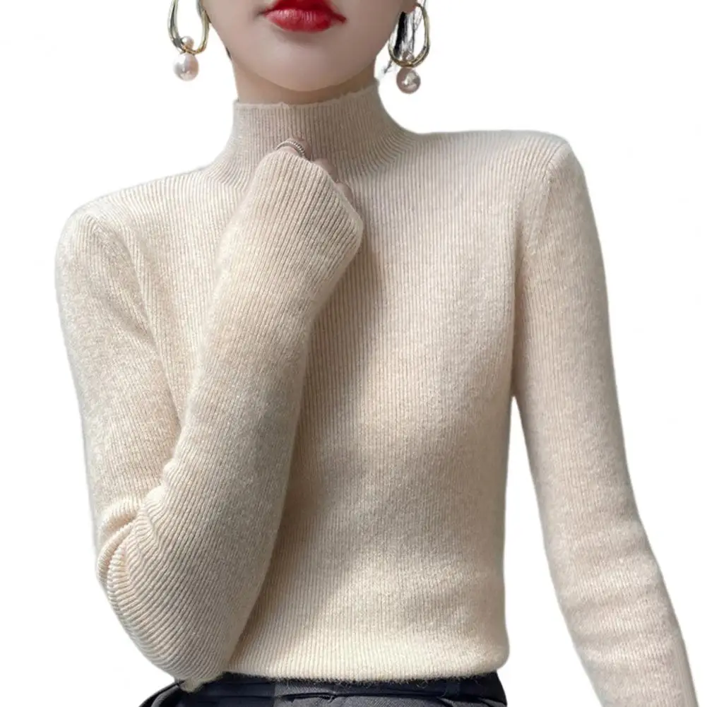 Soft Stretchy Top Women's Ribbed Trim Knit Sweater Slim Fit Half High Collar Top for Daily Wear Casual Women Top