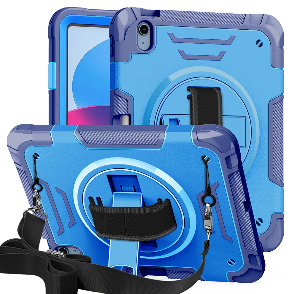 

Case for iPad Air 11 inch 2024 Air4 Air5 Shockproof Tablet Cover with Pencil Holder 360° Rotating Stand Wrist Shoulder Strap