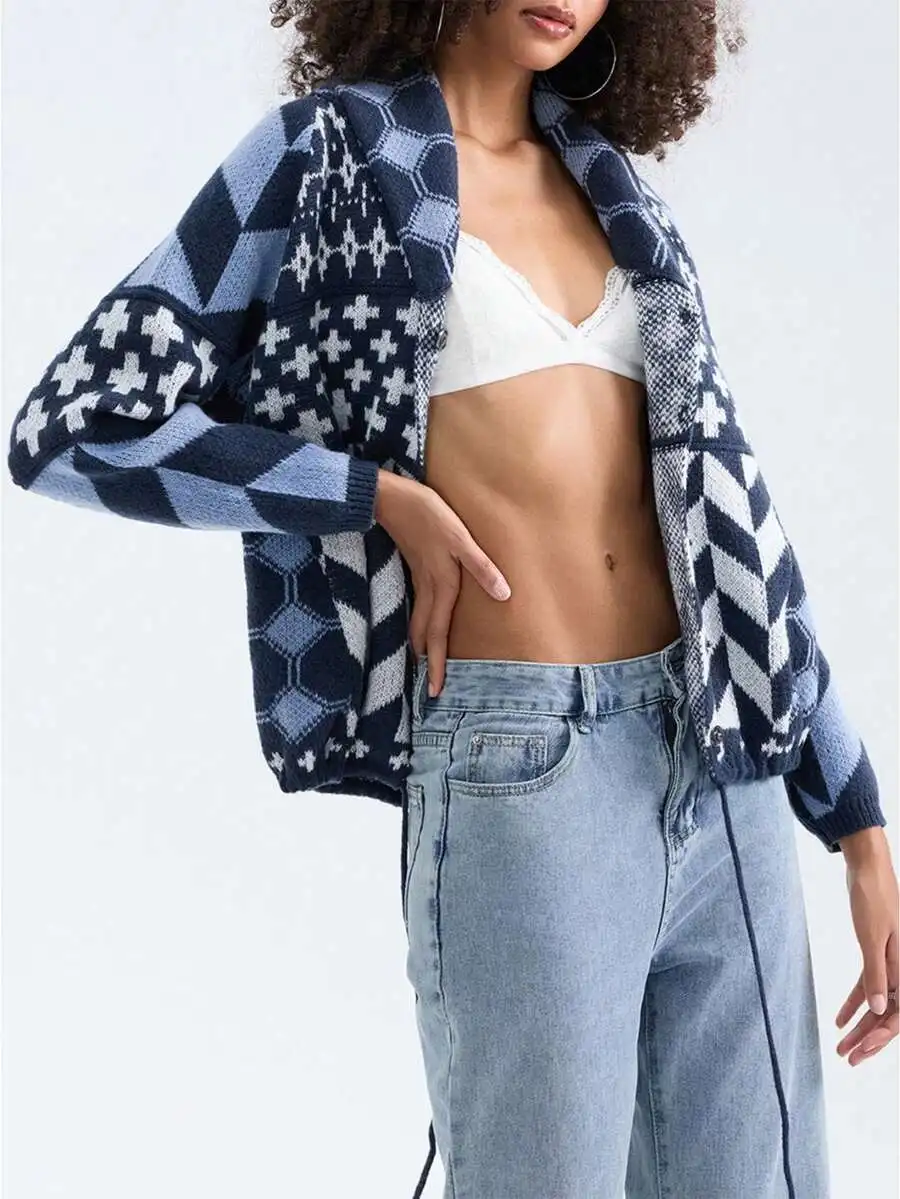 

Boho Knit Cardigan With Contrast Geometric Pattern Shawl Collar Dolman Sleeve Button Front Loose Sweater For Women