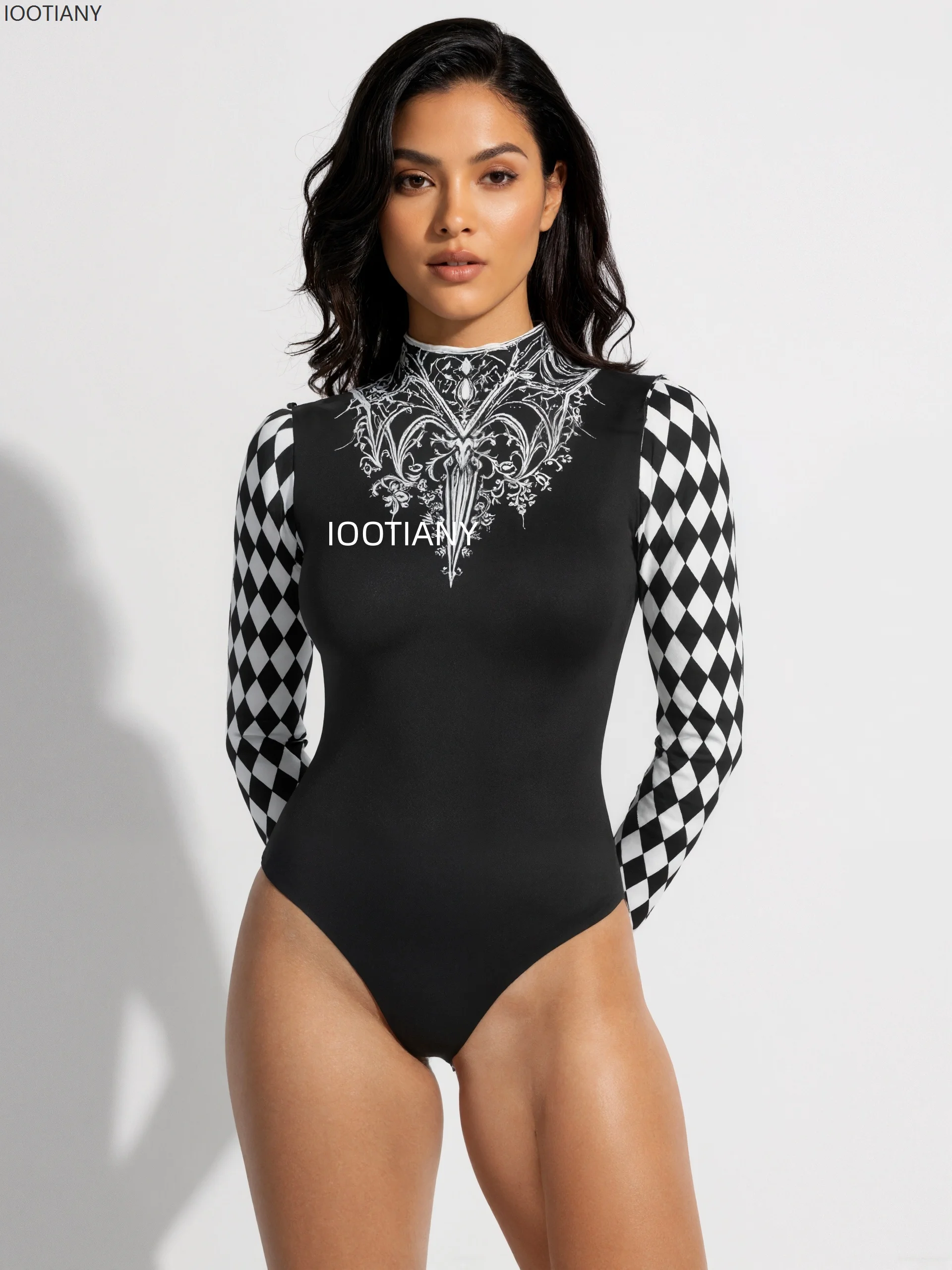 Women Gothic Clown Circus Swimsuit Long Puff Sleeve Black White Diamond Plaid Jumpsuit Halloween Party Stage Performance Outfit view 3