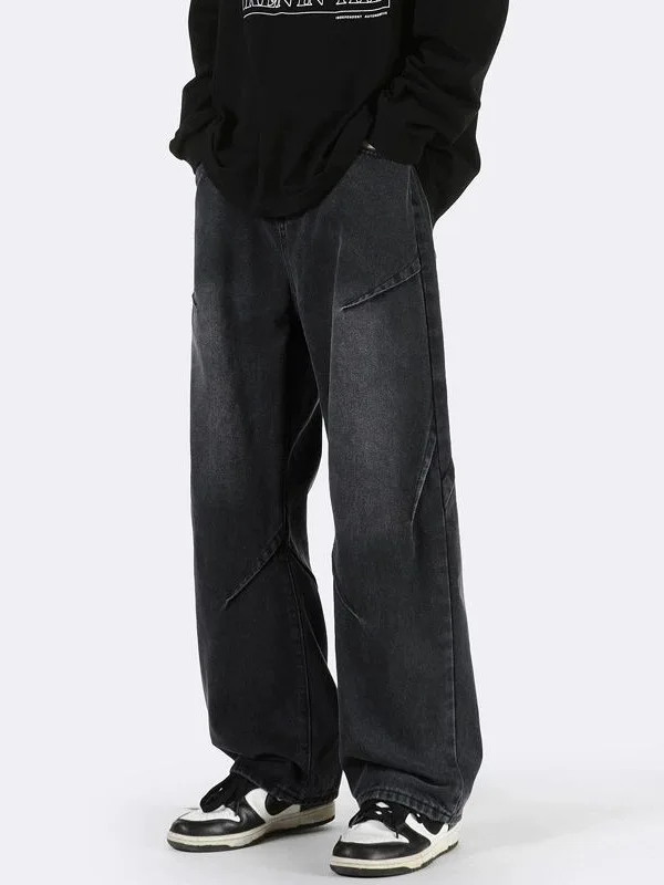 Y2K الدنيم السراويل الرجال المرقعة الجينز واسعة الساق فضفاض الشارع الشهير شارع العليا خمر لوحة غير المتماثلة فضفاضة تناسب بنطلون #1