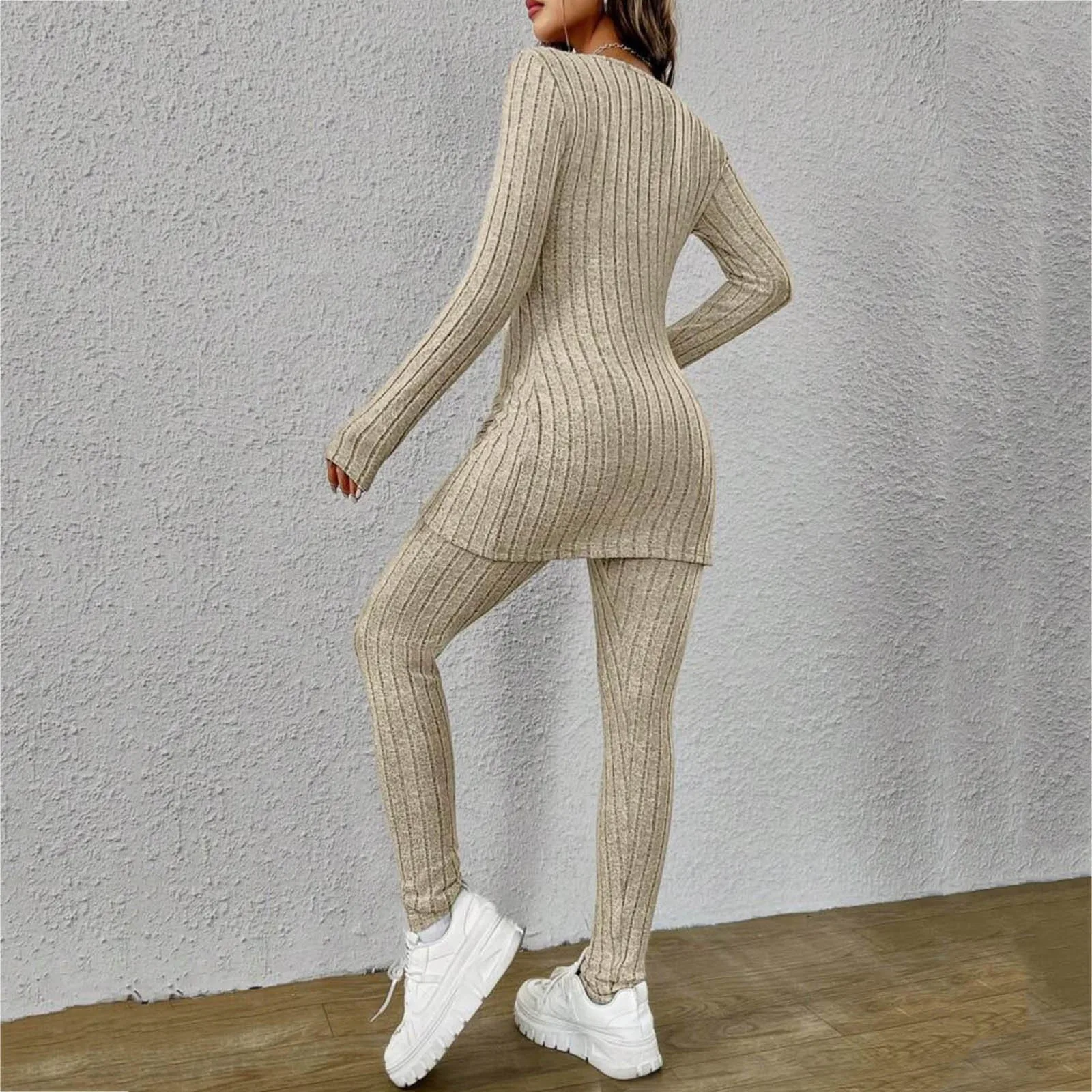 Casual Two Piece Set Women Outfits Autumn/Winter New Fashion Solid Knitted Long Sleeve Sweater & Loose Pants Suit Elegant