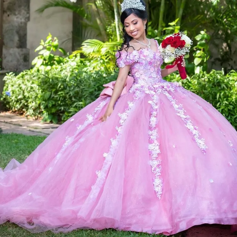 Doymeny-Vestidos de quinceañera con apliques florales en 3D, Rosa Mexicano brillante, Vestidos de Noche de XV Años, dulce 16, 2024