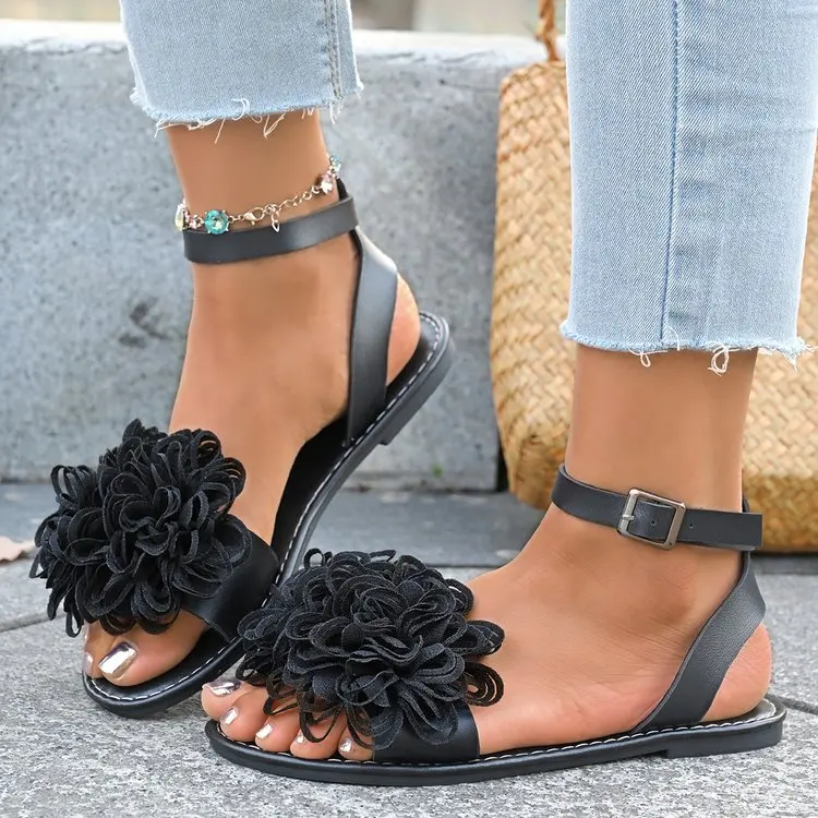 

Elegant Flower-decorated Women's Flat Sandals 2025 Summer New Fashion One-word Buckle Design Casual Solid Color Sandals.