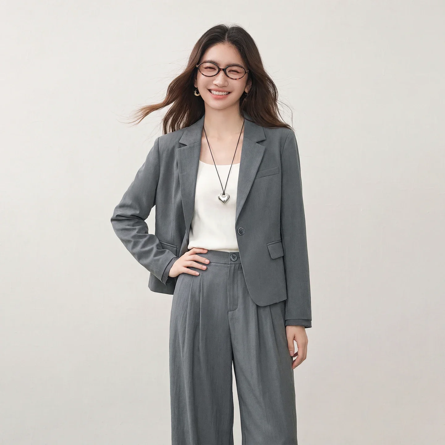 SENTUBILA Lyocell Grey Suit Women 2026 Autumn Elastic‑Waist Wide‑Leg 3‑Piece Sets Office Female Blazer Pants Outfit 163ZE7780