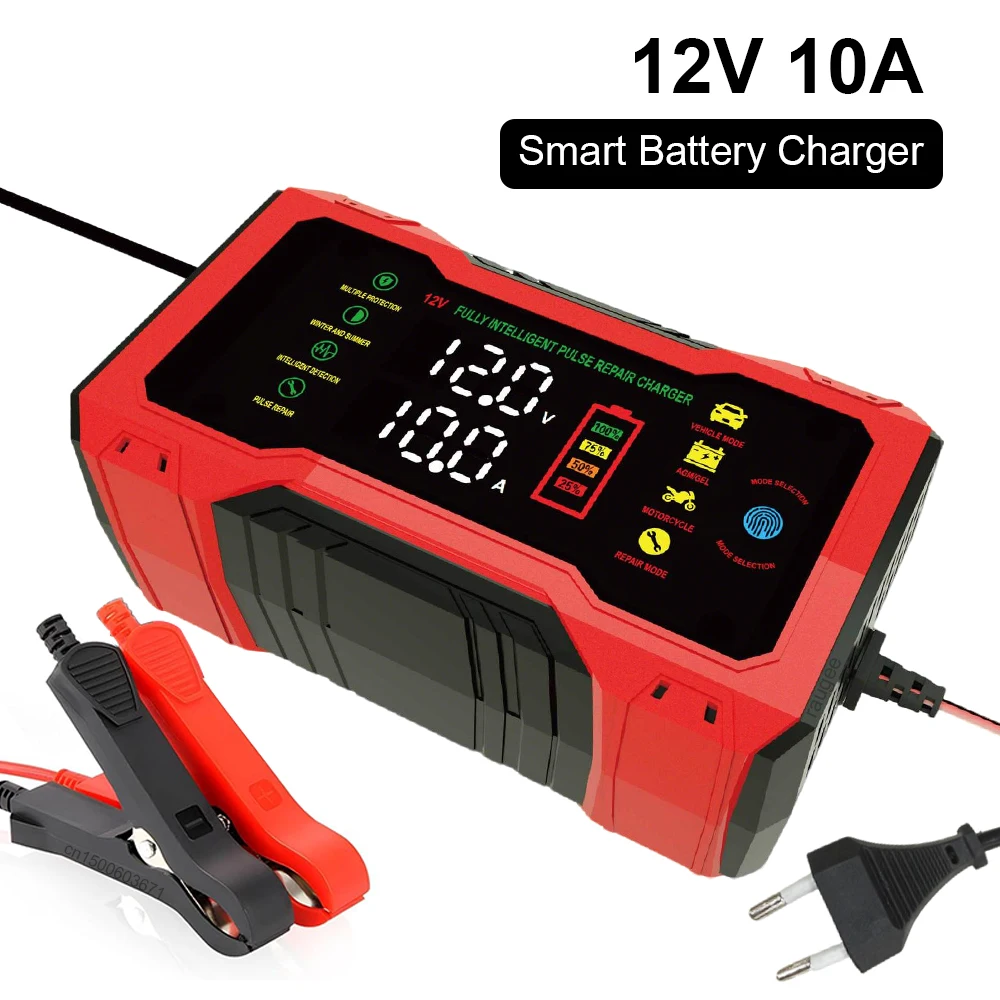 

12V 10A Smart Car Battery Charger LCD Display Pulse Repair Automatic Start Fast Charger Car Motorcycle Lead Acid Battery Charger