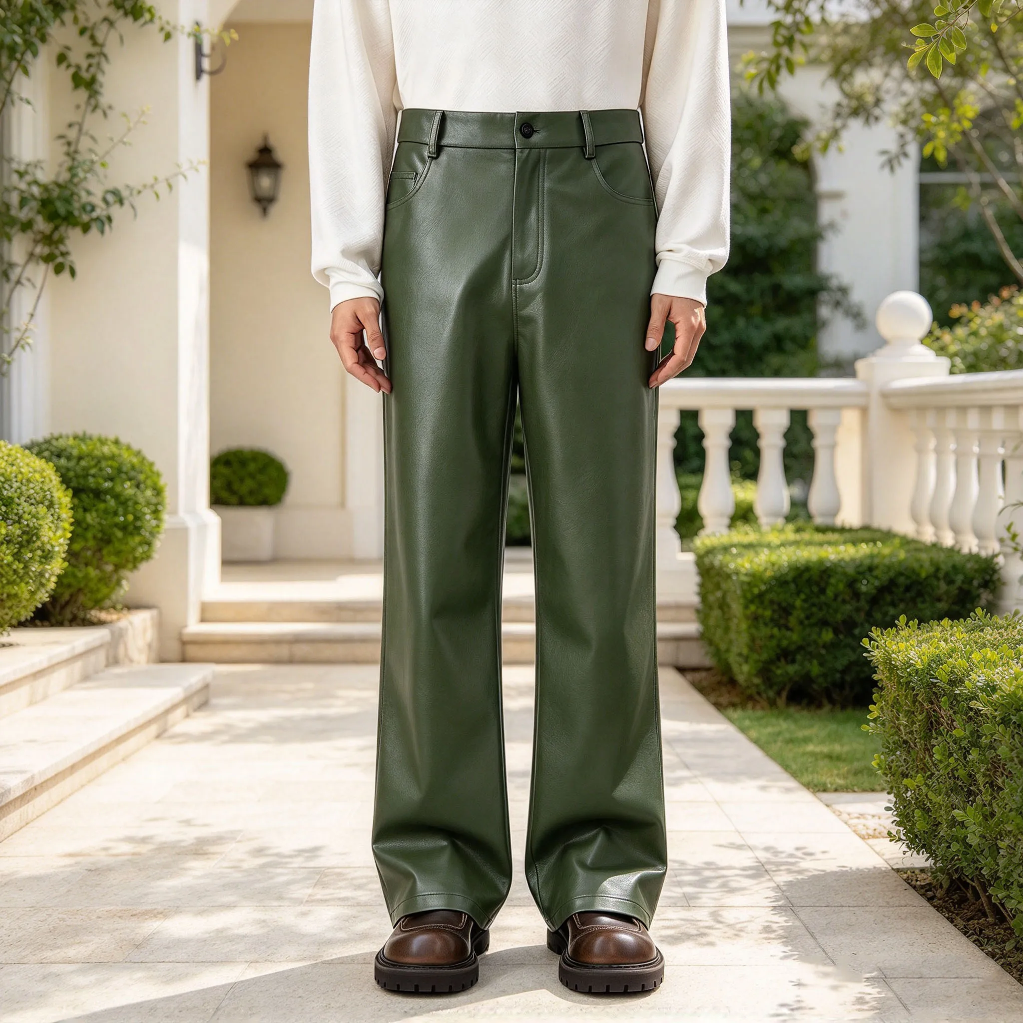 Vintage Men's Oil Leather Pants High Waist Elastic Loose Fit Fashion PU Straight Wide Leg Trousers Streetwear Business Casual Da