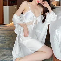 White Twinset Robe Set Bride Lace Nightgown Sleepwear Women Kimono Bathrobe Gown Sleep Suit Summer Silky Satin Nightdress