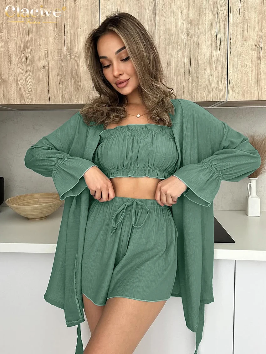

Clacive Fashion Loose Green 3 Piece Set Woman Elegant Long Sleeve Shirt + Tube Top With High Waist Shorts Set Female Clothing