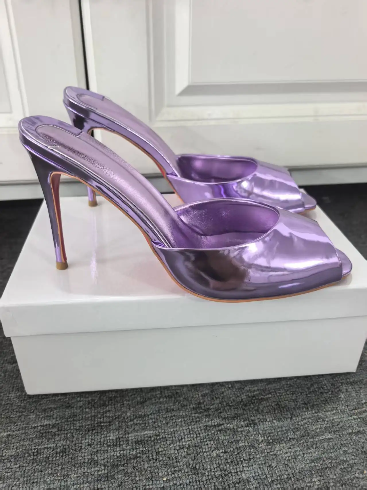 Women's Metallic  Peep Toe Slip-On Mules Thin Stiletto Heel Glossy Shiny Ladies Party Nightclub High Heel S