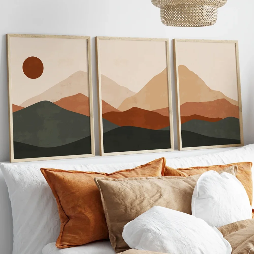 3pcs/set Bohemian Abstract Sunrise Mountain View Canvas Printing Japanese Landscape Wall Art Poster for Modern Home Decor Gifts