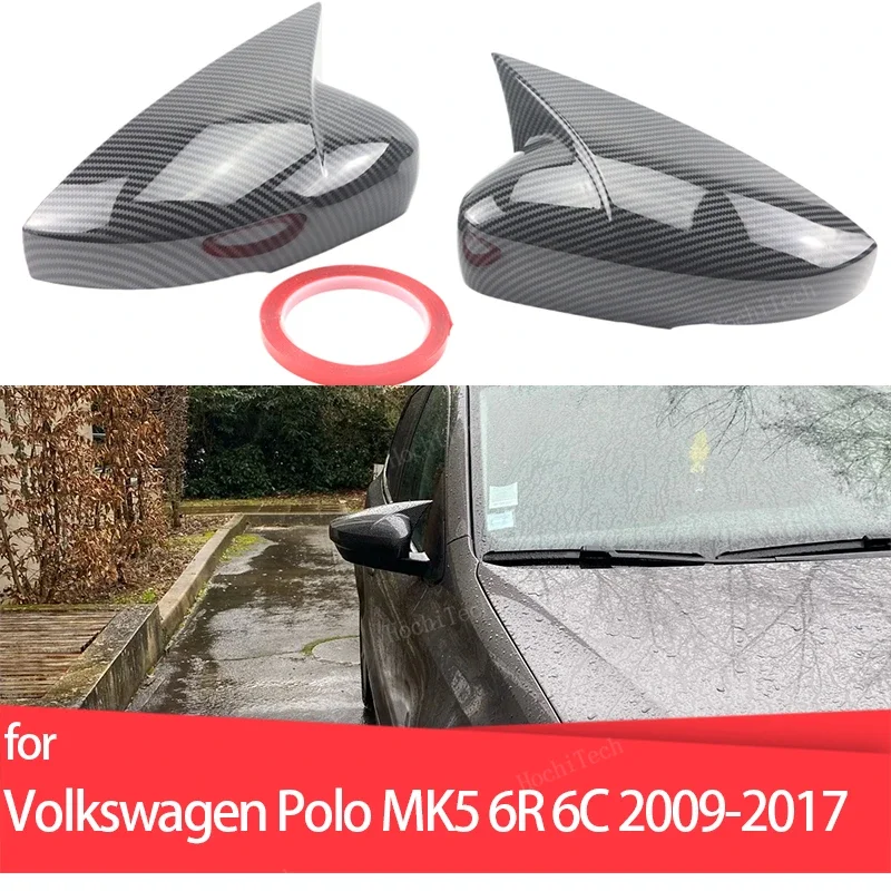 Glossy black Carbon Pattern add-on Car Door Wing Side Mirror Cover Caps Shell Case for Volkswagen VW Polo MK5 6R 6C 2009-2017