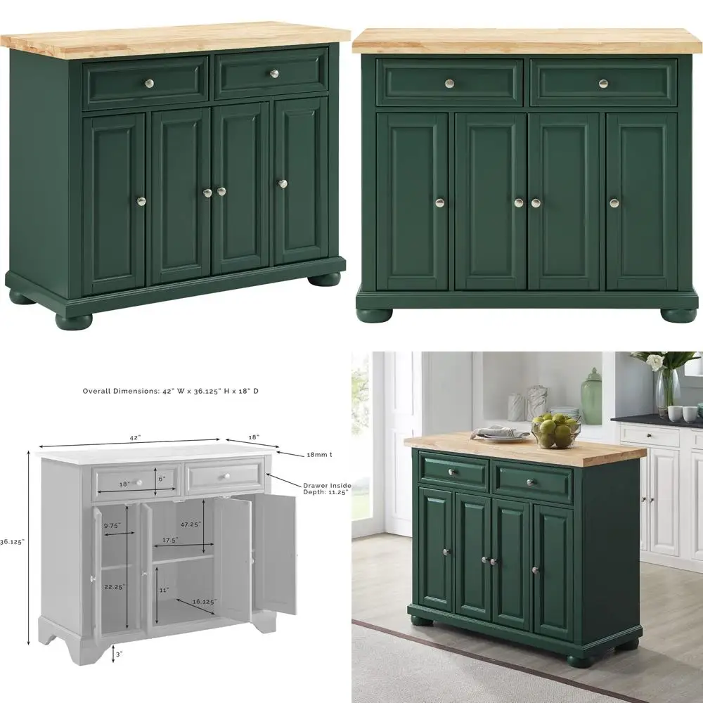 Kitchen Island Cart with Rolling Wheels, Microwave Stand, Coffee Bar, Emerald Green, Featuring Shelves and Drawers