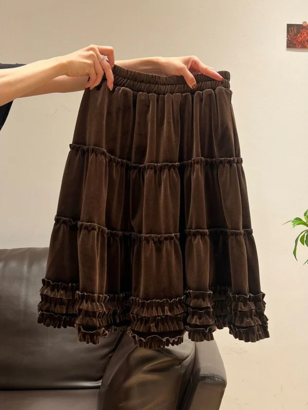 

Velvet Puffy Half Skirt Women's High Waist Slim A-Line Cake Skirt Autumn Winter High Waist Flared Skirts Korean Style