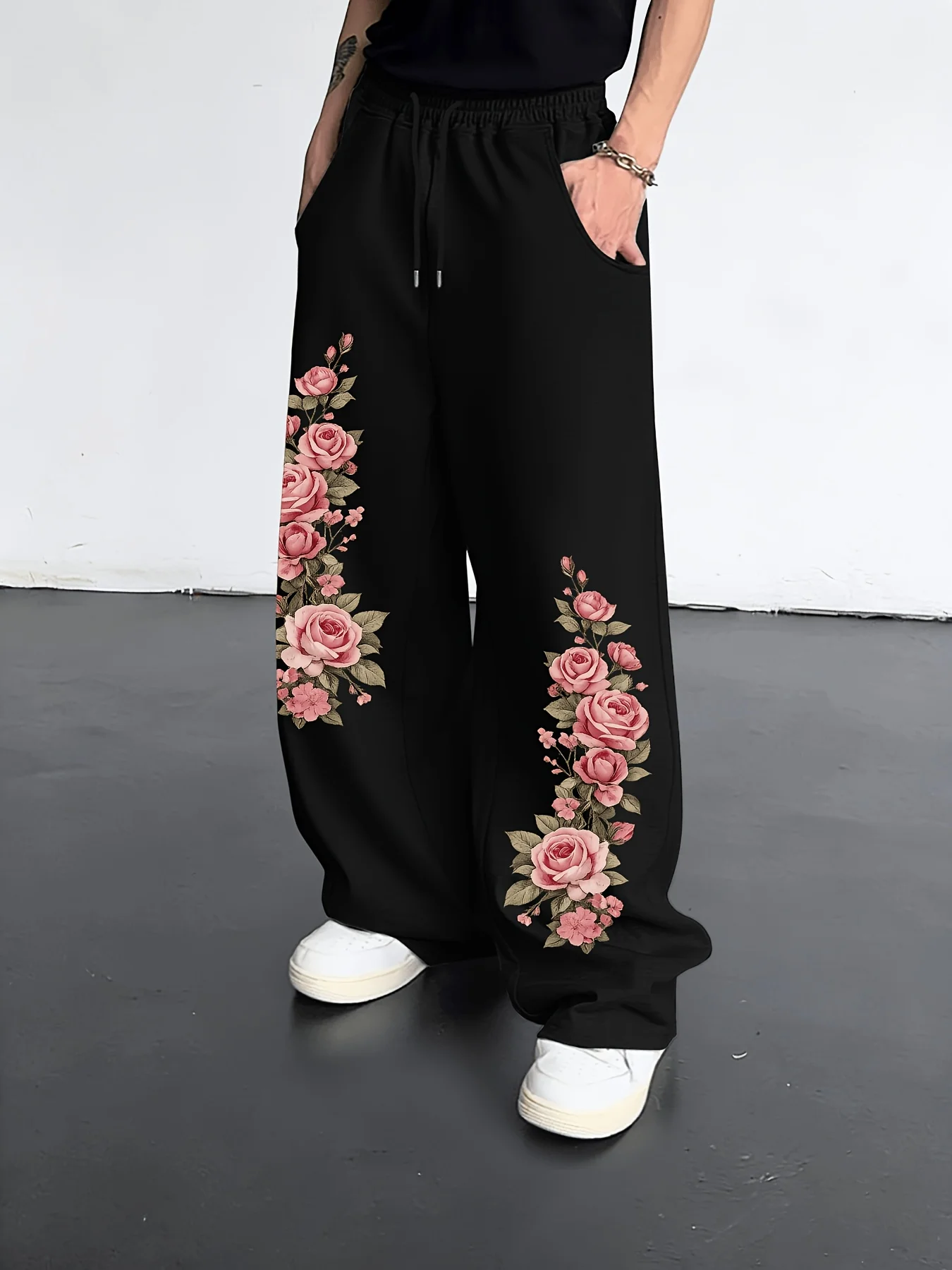 Men High Waist Drawstring Straight Leg Pants Vintage Double Side Draped Pink Rose Print Soft Comfort S-3XL