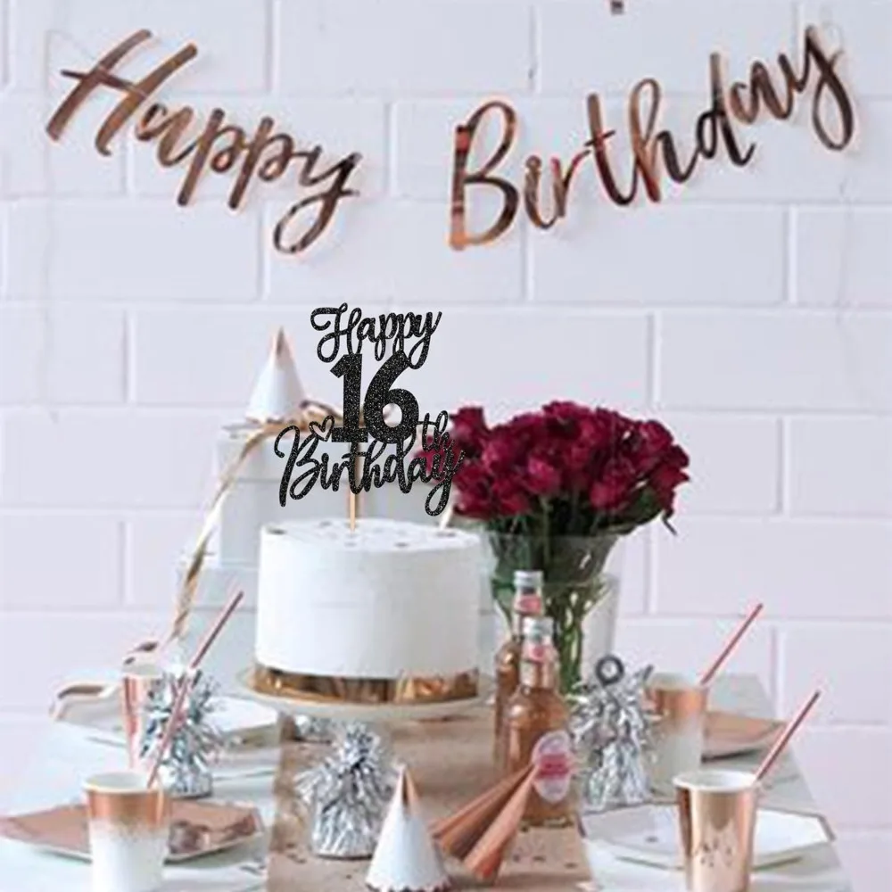 Schwarzer Tortenaufsatz zum 16. Geburtstag – Süße 16. Geburtstagskuchendekoration, elegantes schwarzes Glitzer-Partyzubehör für Mädchen und Jungen – Detail 6