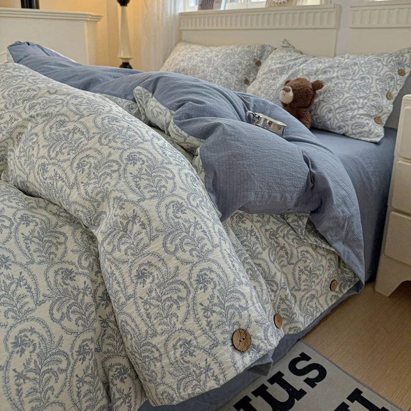 4PCS Korean Button Style Floral Print Bedding Set Twin Full Queen Soft Bed Flat Sheet  Cover Set Pillowcases Simple Bed Linen