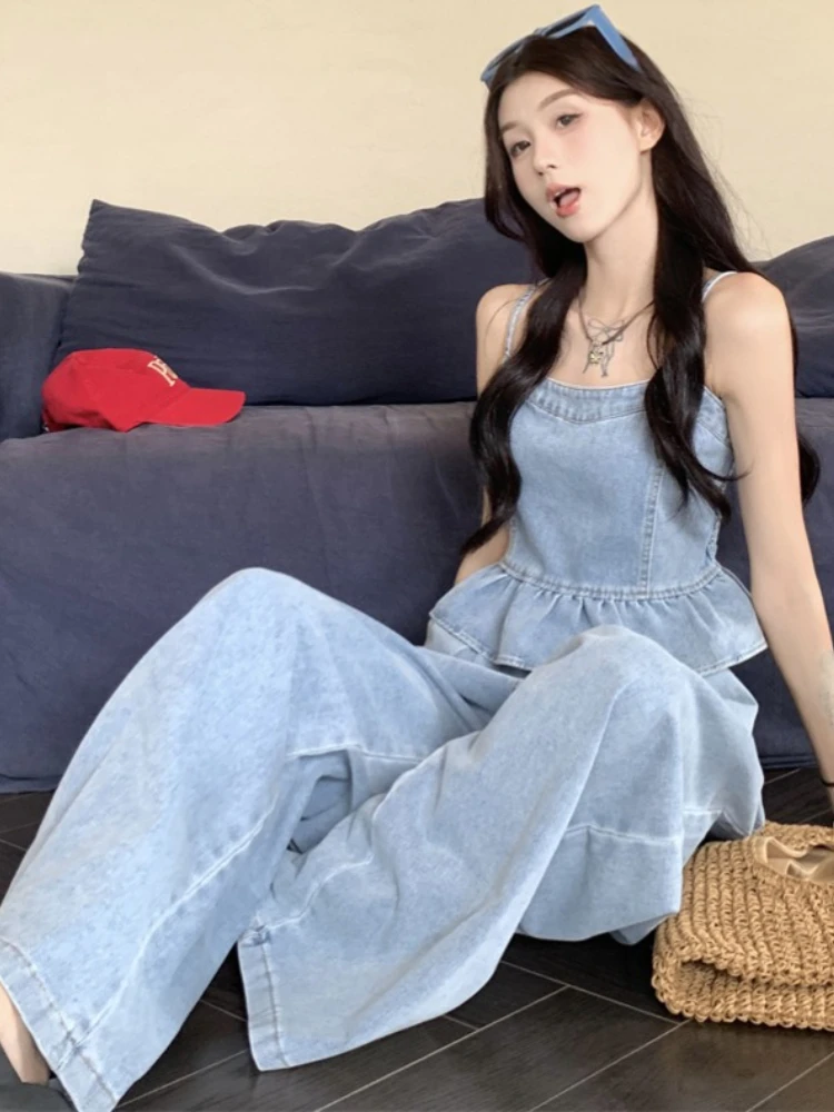 

Summer Loose Flounce Sling 2 Piece Set Women France Elegant High Waist Baggy Pant Female + Casual Sleeveless Off Shoulder Tops