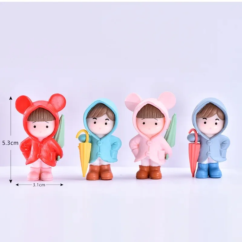 4pc Umbrella Raincoat Girl Boy Figure Decor Pvc Craft Figurine Decoration Miniature Fairy Garden Ornament Pendant DIY Accessory