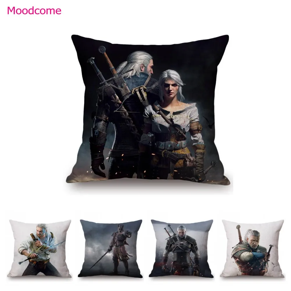 Jogo cartaz witcher arte casa decorativa sofá lance fronha personagens de caça selvagem algodão linho cadeira banco capa de almofada
