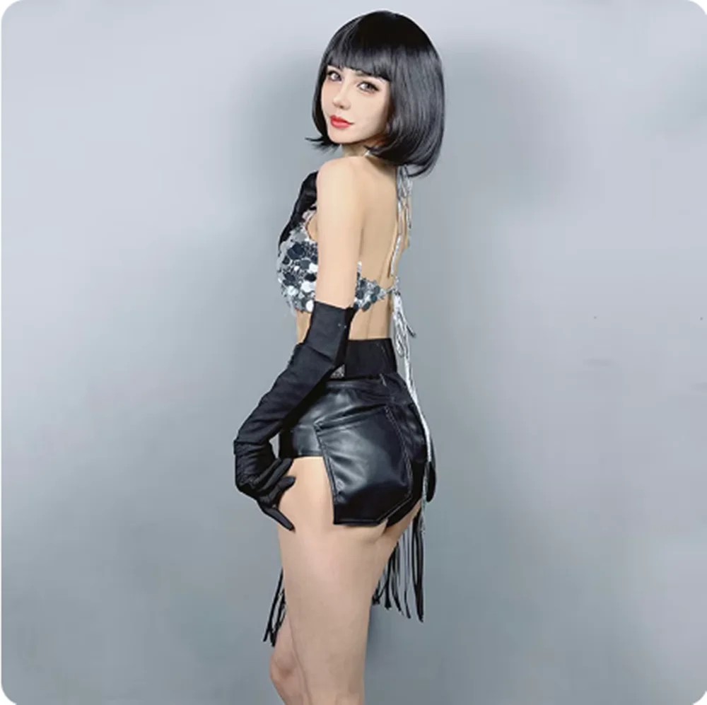 Strój do klubu nocnego, jazzowy, taneczny, damski, hip-hopowy, kostium sceniczny, seksowny strój dla tancerki gogo, srebrna cekinowa kamizelka, czarne szorty z frędzlami, 2025