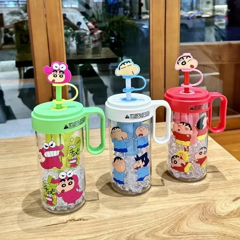 Crayon Shin Chan Boochan Cartoon Glass Straw Cup Comic Periphery Glass Cup with Hat Cute Portable A Girlfriend Birthday Girls