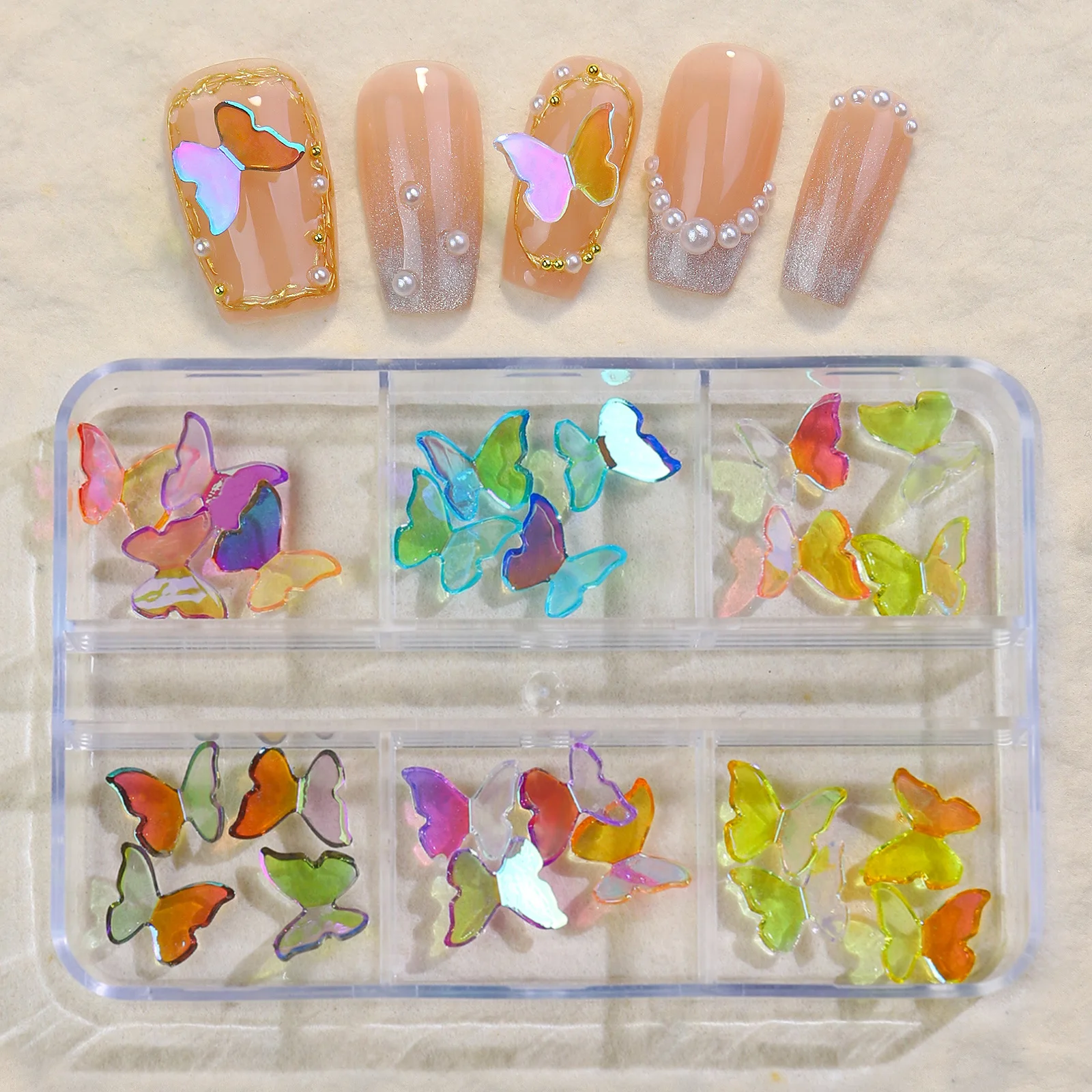 Mehrfarbige Aurora Schmetterlings dekorationen in verschiedenen Boxen für Nail Art & DIY Bastel handwerk und DIY-Projekte