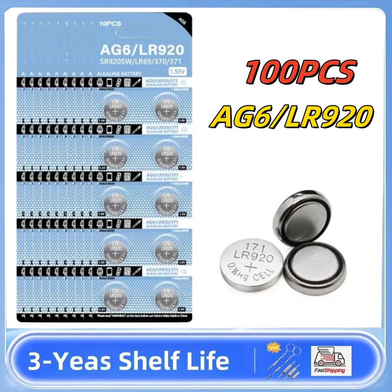 100PCS 1.55V Coin Battery AG6 371 SR920SW LR920 SR927 171 370 L921 LR69 SR920 Button Batteries For Watch Toys Remote Button Cell