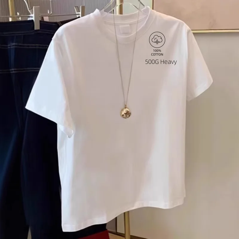 

Summer Bestseller GSM 500g Heavy-duty Pure Cotton T-shirt, Thickened Round-neck Short-sleeved Women's Solid Color T-shirt
