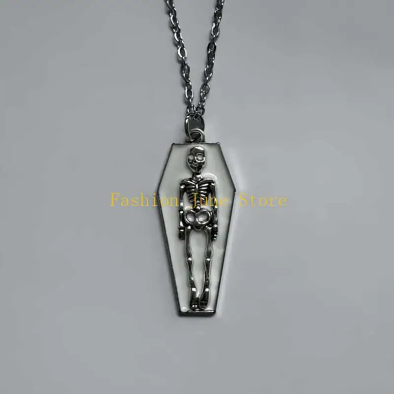 N5KA Dark Silver Skeleton Coffin Necklace for Stage Looks and Daily Styling