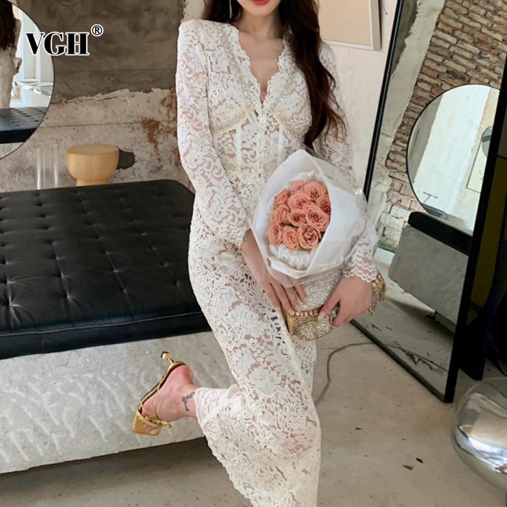 

VGH Sexy Hollow Out Lace Slimming Dresses For Women V Neck Long Sleeve High Waist Spliced Diamond Elegant Dress Female Fashion