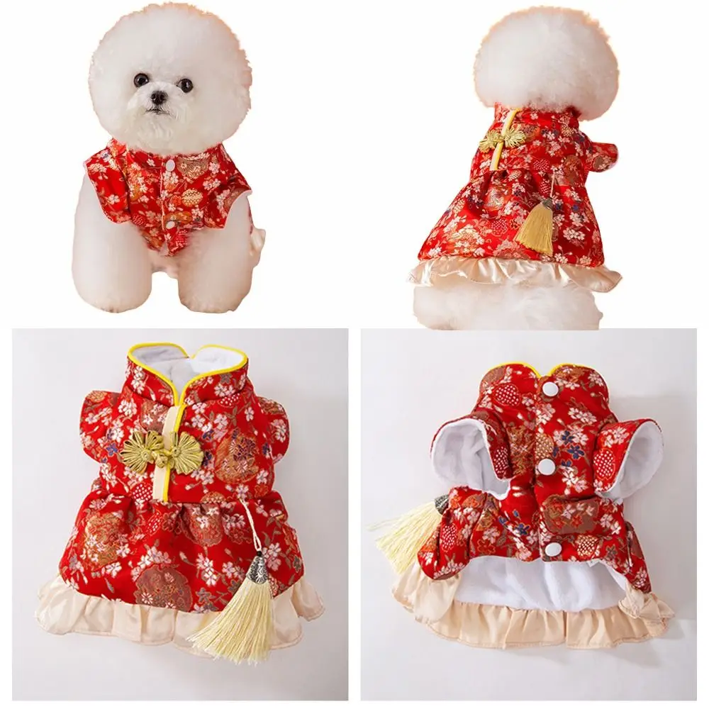 Chinese Style New Year Pet Dress Plush Creative Cat Warm Vest 4 Size with Tassels Dog New Year Costume Cat Accessories