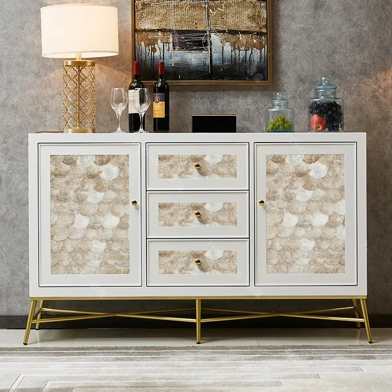

American light luxury dining side cabinet tea cabinet modern simple natural shell three buckets two doors restaurant meal prepar