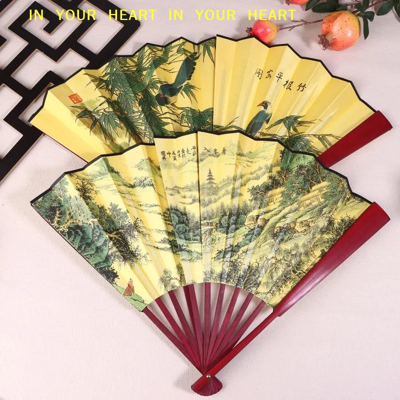 【X】 Éventail pliant à manche en bambou de 33 cm, style chinois classique vintage, pour fête, danse, décoration