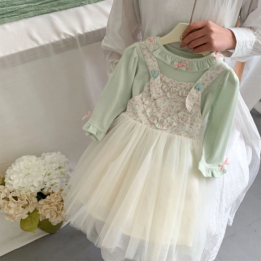 Girls Princess Dresses Sets Patch Bows Long Sleeve Green Bottom Shirt+Floral Print Hearts A-Line Mesh Dress 2pcs Outfit Suits