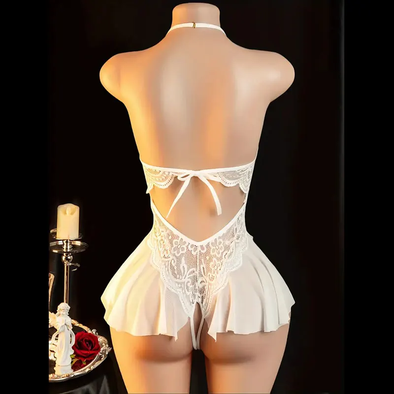 Transparent Porno Lace Underwear Neck-hanging Bra One-piece Thong Set Woman Intimate Sexy Lingerie Erotic Sleepwear Night Dress image 5