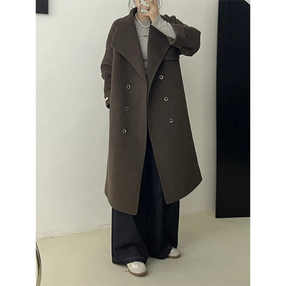 TWOTWINSTYLE Solid Spliced Button Loose Wool Coats for Women Stand Neck Long Sleeve Temperament Casual Coat Female
