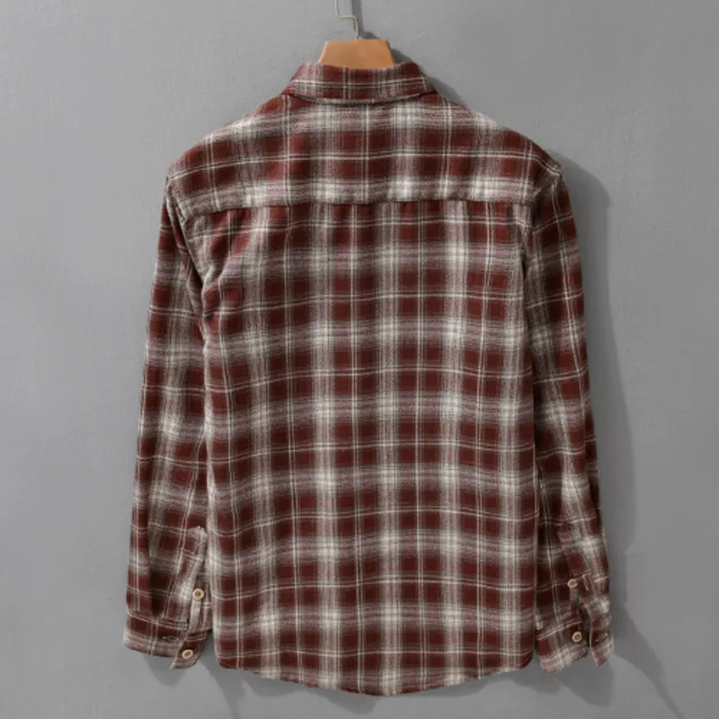 Autumn/ winter men's plaid simple long sleeved brushed shirt, casual, loose, fashionable and trendy youth versatile men's shirt